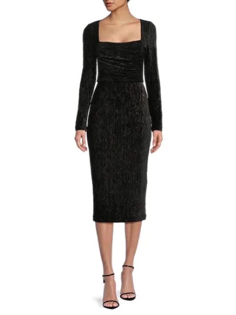 Black Halo Xander Black Metallic Square-Neck Long-Sleeve Midi Cocktail Dress NWT
